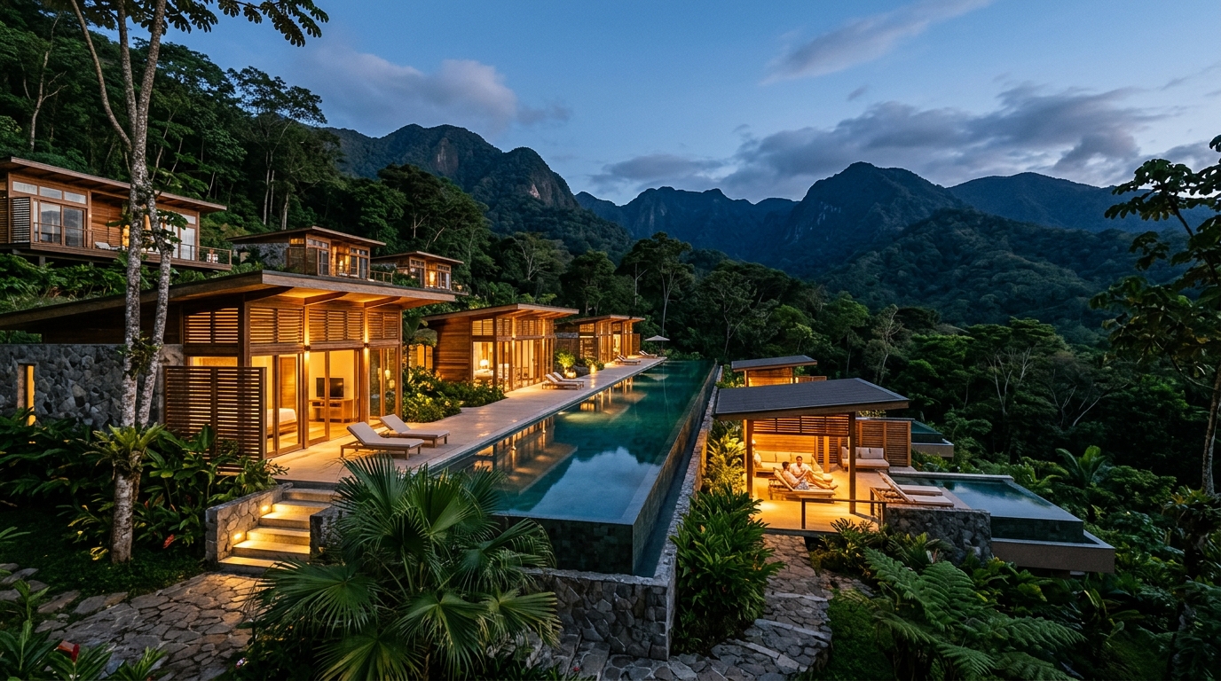 Luxury resort villas and infinity pool at twilight